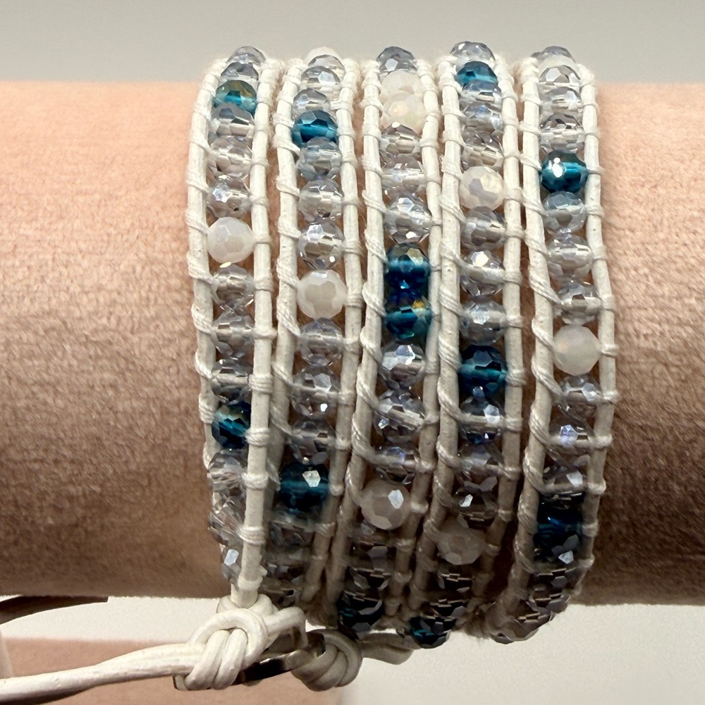 Victoria Emerson 5‑Wrap Bracelet – Iridescent‎ Ice Blue Crystals on White Cord